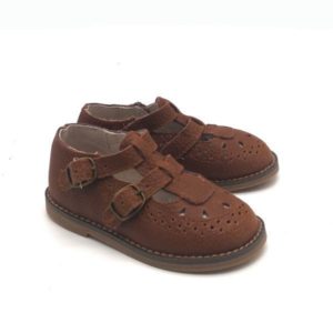 POPPY 2.0 || Double Buckle Vintage tan Leather patterned t-bar - Toddler | Child | Youth