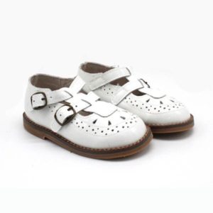 POPPY 2.0 || Double Buckle Patent White Leather patterned t-bar - Toddler | Child | Youth